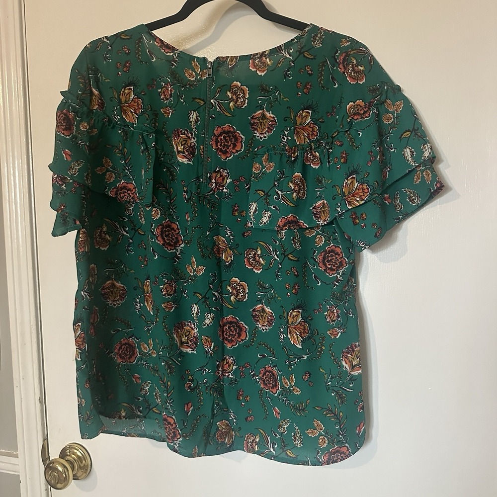 Xhilaration Green Floral Boho Blouse XXL Ruffle Short Sleeve Top M Botcanical - Picture 4 of 5